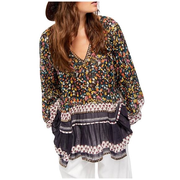 Free People Women’s‎ Small Tunic Gardenia Floral Print V Neck Long Sleeve Boho - Picture 1 of 16